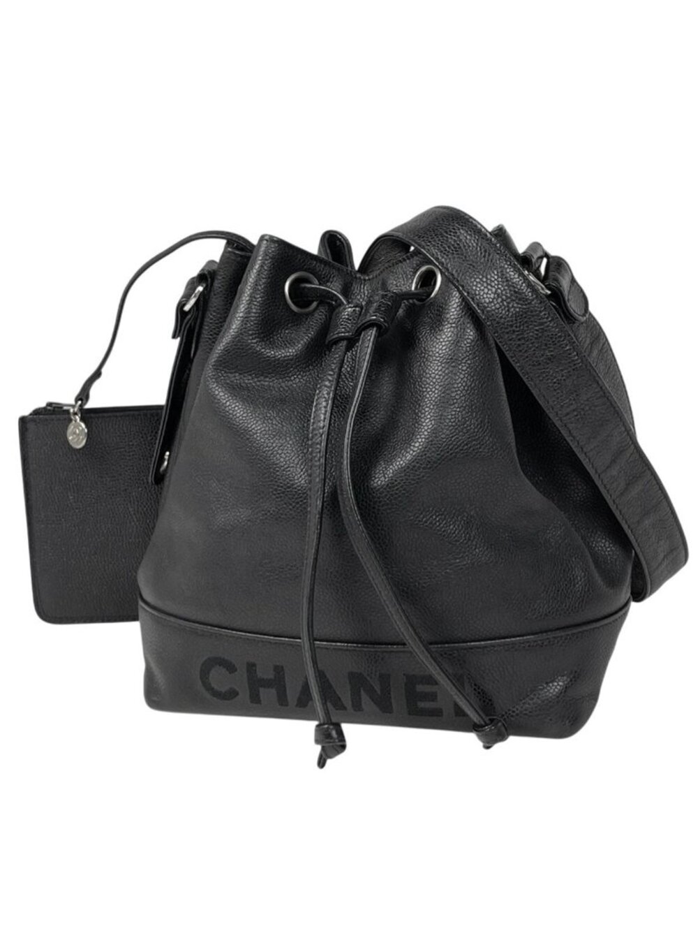 Chanel Logo Chain Shoulder Bag Drawstring Caviar Leather Black